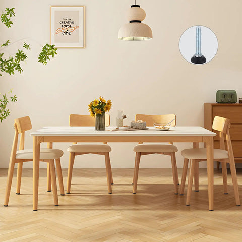 Solid 4 Pack Three Eighths Inch Sixteen Thread Furniture Levelers shown under a dining table's legs