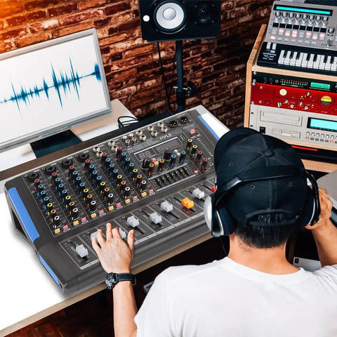 Person using 8 Channel Console Style DJ Mixer With Bluetooth For Home Studio And Live Sets Pro DJ Sound Controller setup.
