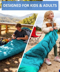 Three Season Camping Sleeping Bag For Adults And Kids Lightweight Weatherproof And Waterproof shown outdoors with users