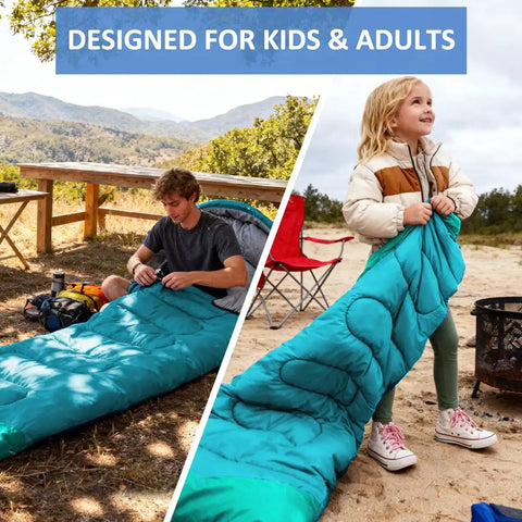 Three Season Camping Sleeping Bag For Adults And Kids Lightweight Weatherproof And Waterproof shown outdoors with users