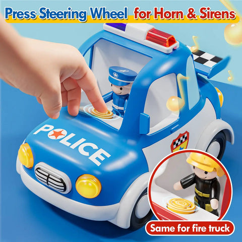 Child pressing button on Rescue Ready Remote Control Fire Truck And Police Car Set For Toddlers And Kids 3 4 5 Years Old With Lights