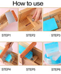 Six steps using DIY Soap Making Cutting Kit With Two Purple Silicone Molds In Wood Boxes Adjustable Wood Cutter And Stainless Steel Wavy And Straight Scrapers