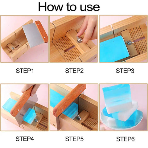 Six steps using DIY Soap Making Cutting Kit With Two Purple Silicone Molds In Wood Boxes Adjustable Wood Cutter And Stainless Steel Wavy And Straight Scrapers