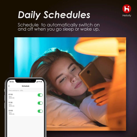 Woman using phone to schedule Edison ST19 ST64 WiFi LED Smart Bulb with app for lighting control, lamp beside her bed.
