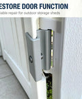Heavy Duty Vertical Shed Door Hinges 2 Pack Replacement For Resin Storage Sheds close-up showing gray metal hinge installed on a shed door.
