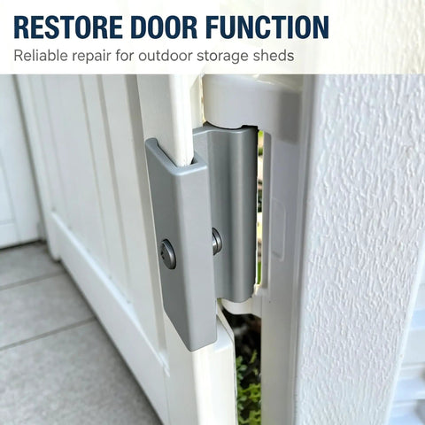 Heavy Duty Vertical Shed Door Hinges 2 Pack Replacement For Resin Storage Sheds close-up showing gray metal hinge installed on a shed door.