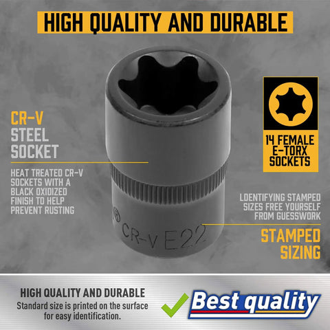 14 Piece Female E Torx Socket Set For One Quarter Inch, Three Eighths Inch, And One Half Inch Drives With External Torque, Heavy Duty Chrome Vanadium Steel Phosphated Finish, Easy Read Size Markings, CR-V E22 socket