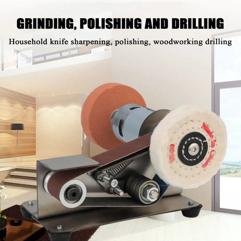 Pro Grade Mini Belt Sander Knife Sharpener With Seven Speed Settings To Nail Diy Woodworking Metal Grinding And Jewelry Polish, close-up of sander.