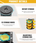 Product details showing rotating hardware storage bins with 12 compartments for nuts, bolts, screws and small parts organizer.