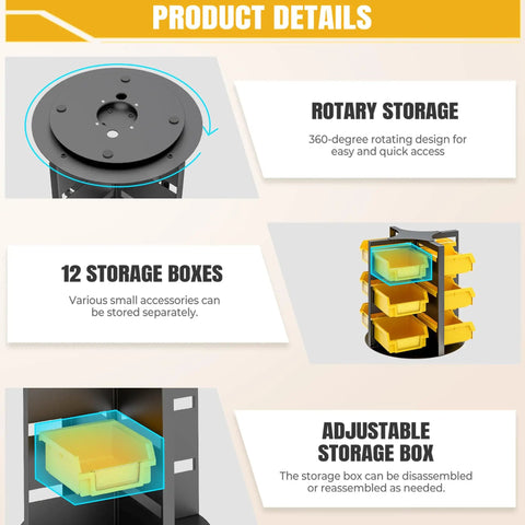 Product details showing rotating hardware storage bins with 12 compartments for nuts, bolts, screws and small parts organizer.