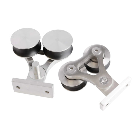Apex Stainless Steel Sliding Barn Door Hardware Kit 8 Foot Track Double Door Kit with top mount rollers close-up view