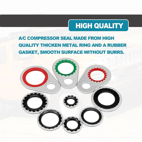 Image of 60 Piece AC System Compressor Gasket Seals Kit With 9 Sizes Bonded Seal Washers with metal rings and rubber gaskets.