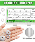 Front view of Ruibapa 360-piece 304 stainless steel flat and spring lock washers kit in clear case (SAE sizes).