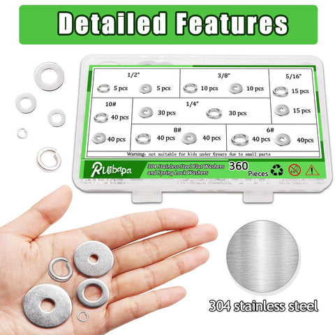 Front view of Ruibapa 360-piece 304 stainless steel flat and spring lock washers kit in clear case (SAE sizes).