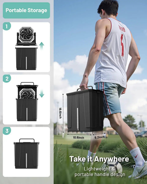 Man carrying Beast Battery Rechargeable Misting Fan for Weekend Camping and Outdoors with 24000mAh Capacity, 8L Water Bucket