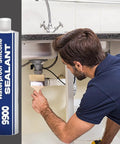 Man applying Heavy Duty Premium Polymer Sealant Badass Bonding Adhesive No Sweat Waterproof Glue under sink for leak repair.
