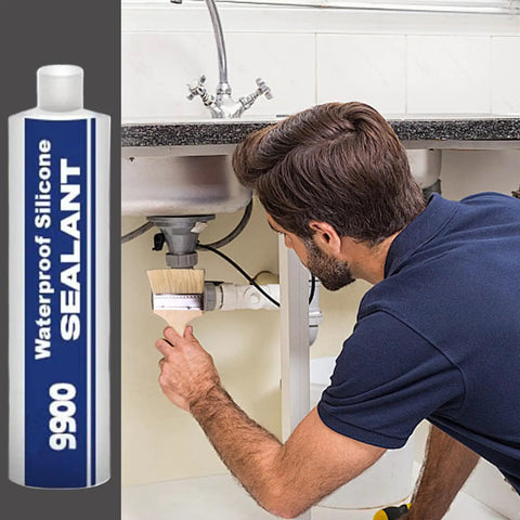 Man applying Heavy Duty Premium Polymer Sealant Badass Bonding Adhesive No Sweat Waterproof Glue under sink for leak repair.