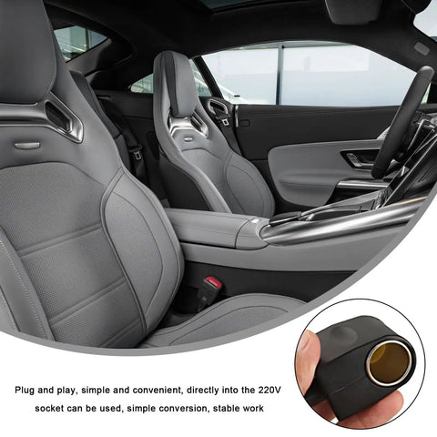 No Sweat Ac To Dc Converter delivering steady 12 Volt output at 500 Ma for car cigarette lighter adapters in a modern car interior.