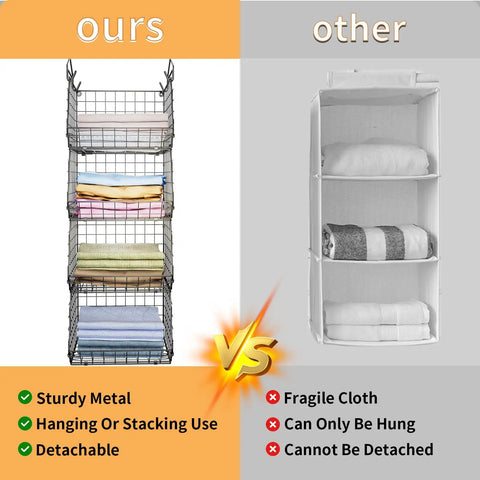 Comparison of a sturdy metal 4 Tier Closet Hanging Organizer with 5 S Hooks and shelves to a cloth hanging organizer
