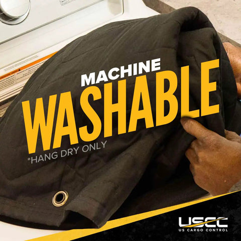 Massive Studio Ready 96 By 80 Inch Sound Dampening Blanket being loaded into washing machine, machine washable Grommets visible