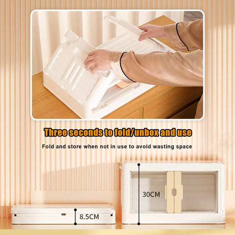 No Sweat Large Plastic Storage Bins With Secure Lids Fold Flat Stacking Organizers For Dorms Home Offices And Closets Dead Simple Setup slick white finish with dimensions shown.