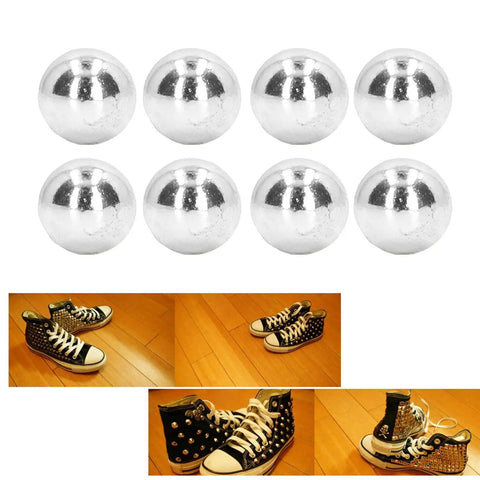 One Hundred Sets Mushroom Rivet Studs Featuring Ten Millimeter Round Heads In Glossy Silver Alloy on black and white shoes.
