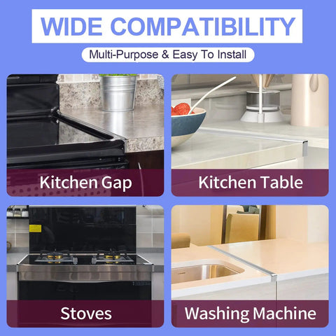 Stainless Steel Stove Gap Covers 2 Pack Notched Design, Heat Resistant Spill Guard shown with various kitchen appliances.