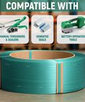 Half Inch PET Strapping Coil 6500 Foot Long Industrial Grade Green Pallet Banding With 820 Pound Break Strength weather resistant shown with compatible tools