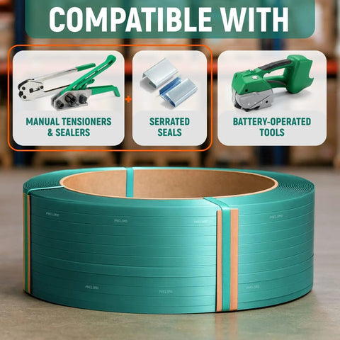 Half Inch PET Strapping Coil 6500 Foot Long Industrial Grade Green Pallet Banding With 820 Pound Break Strength weather resistant shown with compatible tools