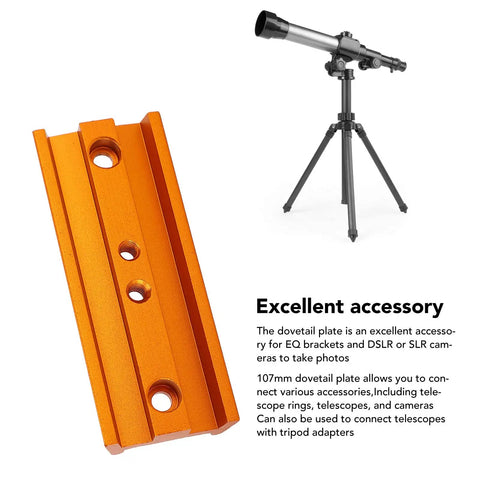 107mm Dovetail Mounting Plate for Telescopes and Cameras With 1/4 Inch Thread Metal Dovetail Saddle Adapter Mount Base shown with telescope