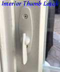 Go-To Gliding Patio Door Lock Replacement Set With Heavy Duty Keyed Cylinder And Quick Swap Thumb Latch For Andersen Tribeca Compatible Openers In Sharp White Diecast Two Nine Sixteen Inch Mounting – Close-up of interior thumb latch.