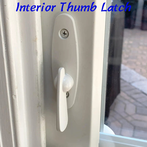 Go-To Gliding Patio Door Lock Replacement Set With Heavy Duty Keyed Cylinder And Quick Swap Thumb Latch For Andersen Tribeca Compatible Openers In Sharp White Diecast Two Nine Sixteen Inch Mounting – Close-up of interior thumb latch.
