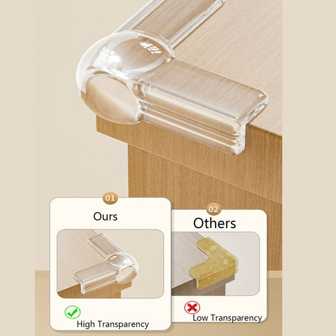 Kid Safe Corner Guards For Baby Proofing Edges And Tables, 40 Pack, showing clear high transparency guard on table corner