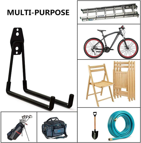 Heavy Duty Wall Mount Garage Hooks Set Four Pack With Extension Cord Holder Straps Seven And A Half Inch Long Double Bar Hangers