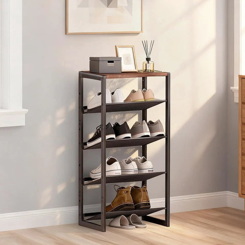 Sturdy 5 Tier Metal Shoe Rack Workhorse With Rust Proof Coating in a hallway, holding multiple shoes, with an MDF top and steel frame.