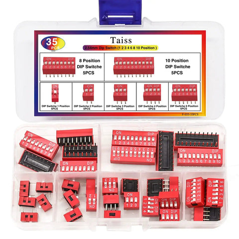 35 Piece Dip Switch Kit With Double Row On Off Slide Type Dip Switches 1 2 3 4 6 8 10 Position 2.54mm PCB Mountable Red Toggle Switches