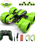 Kid-Friendly Offroad RC Car With Headlights And Dual-Sided Stunts, 4WD Power, 2.4GHz Remote, green wheels, batteries, 360 flips