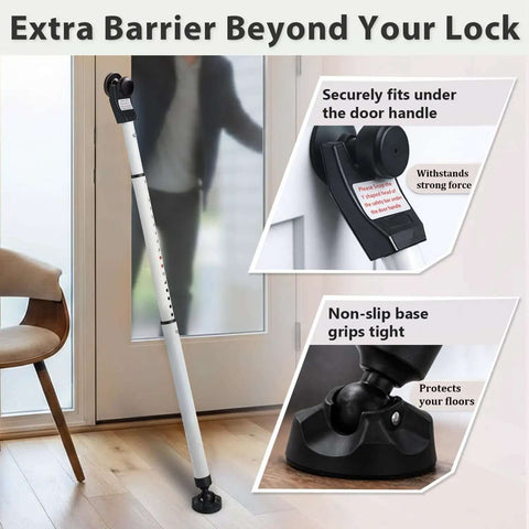 Heavy Duty 3 In 1 Door Security Bar With High Strength Steel And Anti Slip Rotating Base Built To Last Adjustable Up To 46 Inches displayed by a door