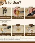 KAINSY electric branding iron for wood with brass stamp and temperature-control handle; six-step usage infographic