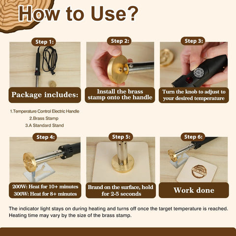 KAINSY electric branding iron for wood with brass stamp and temperature-control handle; six-step usage infographic
