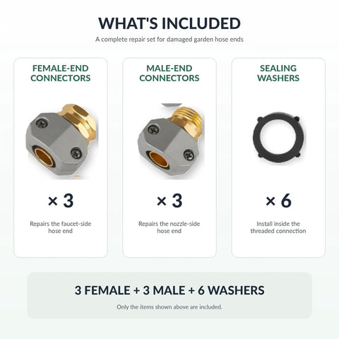 Fix Leaky Garden Hose Ends Fast With Heavy Duty Aluminum Connector Kit For 3 4 And 5 8 Inch Hoses Universal Fit Saves Cash Stop Drips Now. female and male connectors with sealing washers