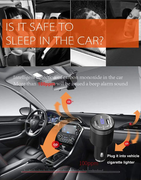 Interior view showing Dual USB Car Charger With Quick Charge 3.0, 2 USB Ports, In Car Carbon Monoxide Alarm With LCD Display, Black.