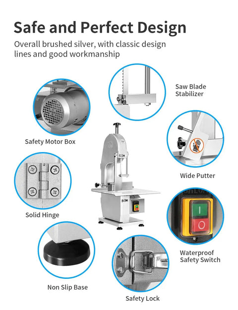 Heavy Duty 1500W Electric Bone Saw Works Like A Champ Crushing Frozen Beef Chicken Fish And Pork Blocks Up To Five Point Nine Inches Thick Includes Six Razor Ready Blades For Low Stress Prep On A Roomy Twenty By Fifteen Inch Commercial Table, featuring a brushed silver design with safety lock and non-slip base.