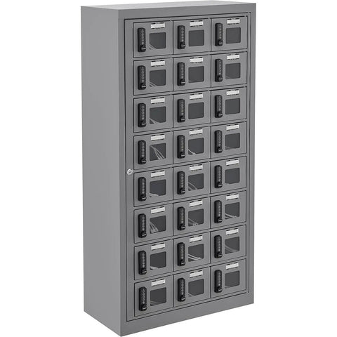 Secure 24 Door Clear View Cell Phone Charging Locker With Usb C Micro Lightning Ports For Offices Classrooms Ultimate Gear Vault And No Stress Charging Setup, steel grey, 24 bay design.