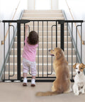 36 Inch Tall Stair Baby Gate With Door, Extra Wide Adjustable From 29.3 Inches To 51.5 Inches, Pressure Mounted Black Gate for Stairs
