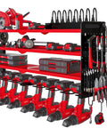 Wall Mounted Power Tool Organizer With Charging Station And 8 Drill Holders Four Layer Garage Storage Rack For Large And Small Tools Built In 8 Outlet Power Strip For Easy Cord Management, fully loaded with tools and equipment