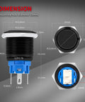 Dimensions of 19mm 12V Latching Push Button Switch With Blue LED Light Waterproof Marine Grade On Off Prewired Button, pack of 8