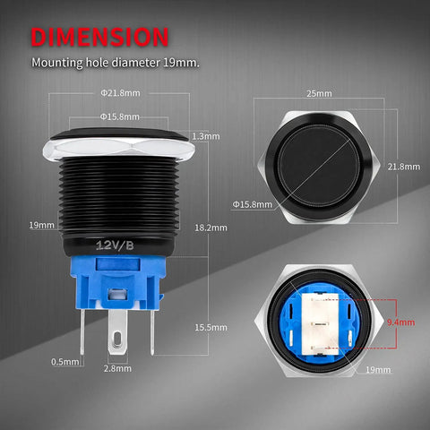 Dimensions of 19mm 12V Latching Push Button Switch With Blue LED Light Waterproof Marine Grade On Off Prewired Button, pack of 8