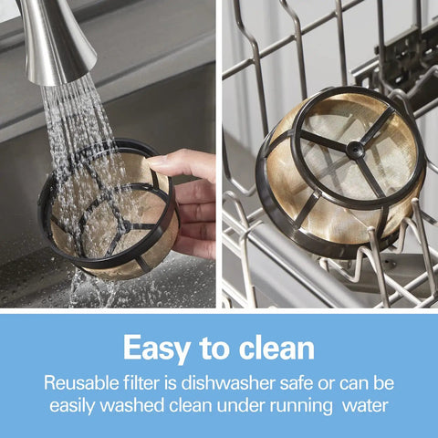 Permanent Gold Coffee Filter For Most 8 To 12 Cup Basket Coffee Makers being cleaned in sink and dishwasher