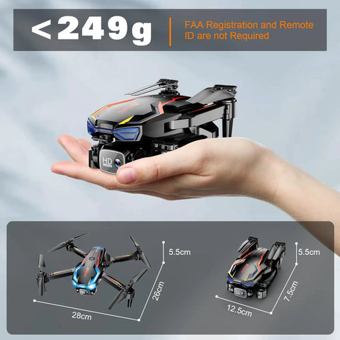 2K HD FPV Drone With Altitude Hold And 90 Degree Camera, compact size shown in hand alongside folded dimensions